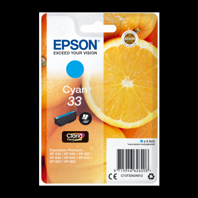 Embalagem de tinta para impressora Epson ciano 33 com imagem de laranja cortada