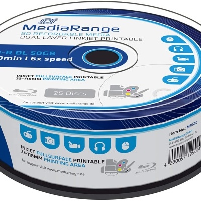 Pacote de 25 discos Blu-ray MediaRange 50GB com impressão inkjet.