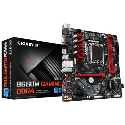 Placa mãe Gigabyte B660M Gaming DDR4 com caixa preta e texto visível.