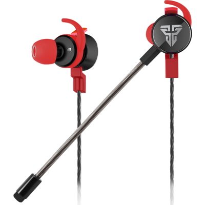 Auriculares intra-auriculares vermelho e preto com microfone