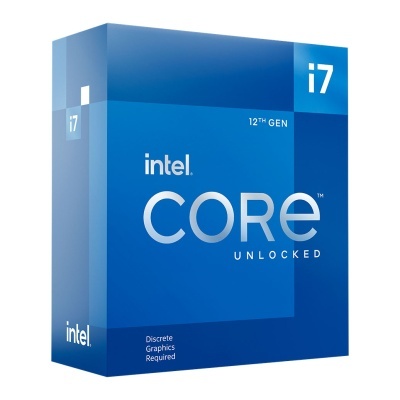 Embalagem azul do processador Intel Core i7 12th Gen com texto em destaque
