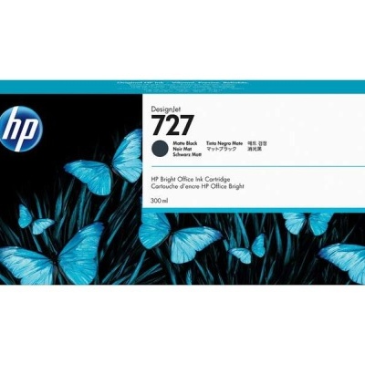 Embalagem preta e branca de tinta HP com borboletas azuis e texto DesignJet 727