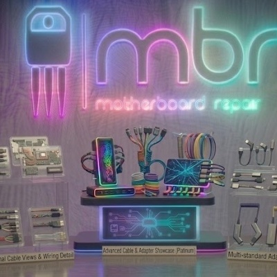 Exposição de cabos, adaptadores, hubs e componentes eletrónicos em suportes transparentes com iluminação neon mbr motherboard repair