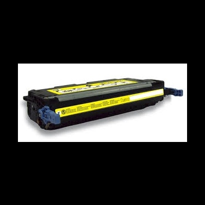 cartucho de tinta de impressora amarelo com etiquetas e manípulos azuis