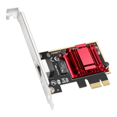 Placa de rede PCIe preta com dissipador vermelho e conector metálico.