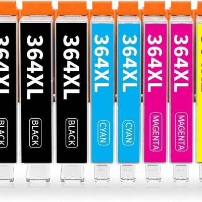 Cartuchos de tinta 364XL em várias cores com tampas laranja