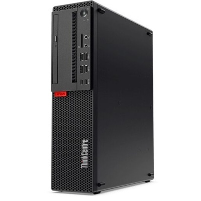 Computador desktop Lenovo ThinkCentre preto com painel frontal em grelha e portas USB