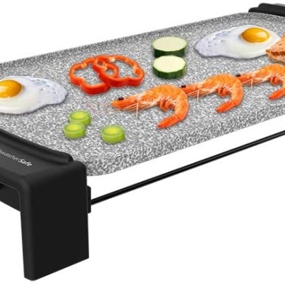 Chapa elétrica para grelhar com comida variada