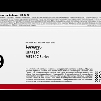 Caixa branca de cartridge Canon 069 para impressora com texto e logotipos em várias línguas