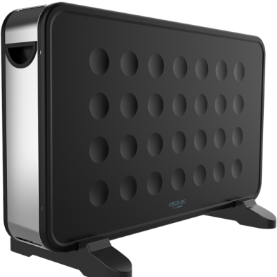 Aquecedor elétrico preto Cecotec Ready Warm com padrão de círculos em relevo.