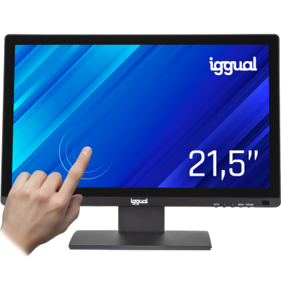 Monitor tátil preto iggual 21,5 polegadas com mão a tocar ecrã