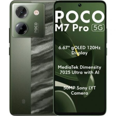 Smartphone POCO M7 Pro 5G verde com ecrã e texto