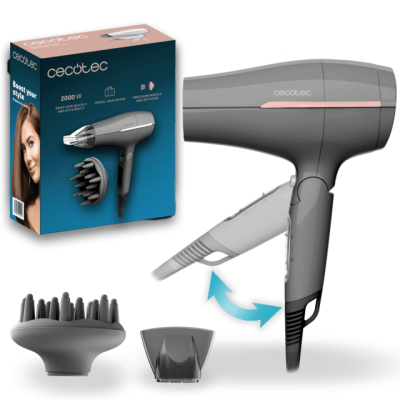 Secador de cabelo Cecotec cinza com acessórios e caixa azul.
