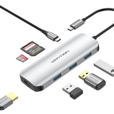 Hub USB tipo C prateado com portas USB-A e acessórios várias marcas VENTION