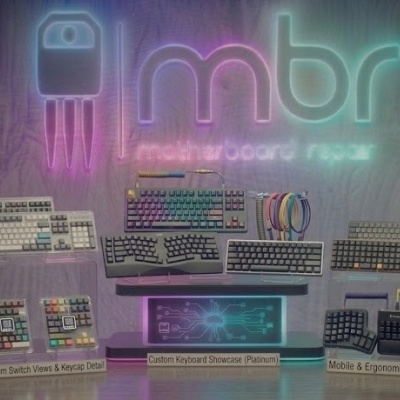 Exposição de vários teclados de computador com etiquetas e logo iluminado ao fundo