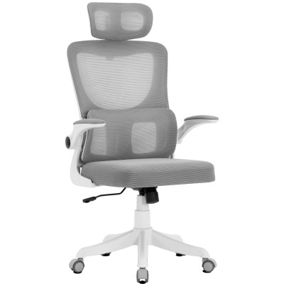 Cadeira de escritório cinza com apoio de cabeça e braços brancos com rodas