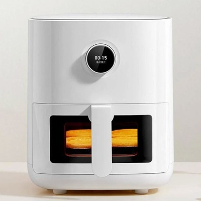 Air fryer branca com visor digital e janela transparente