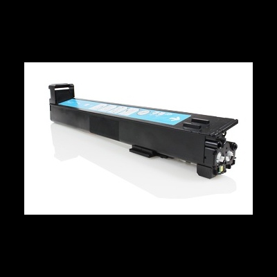 Cartucho de toner preto com etiqueta azul sobre superfície branca