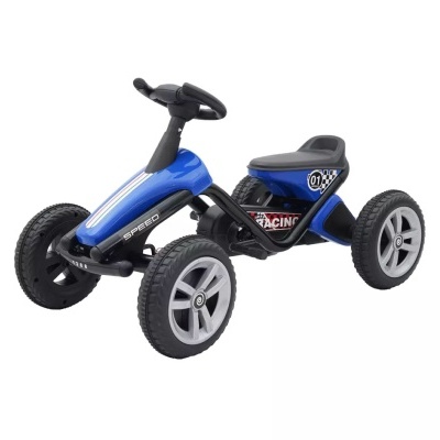 Carrinho de corrida azul para crianças com rodas grandes e volante preto