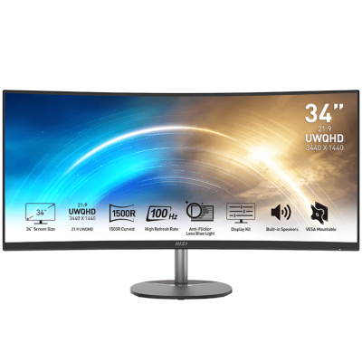 Monitor curvo MSI ultralargo 34 polegadas UWQHD 3440x1440 com base metálica