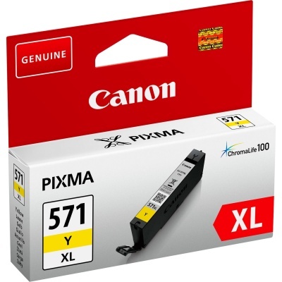 Cartucho de tinta amarelo Canon PIXMA 571 Y XL na embalagem branca e vermelha