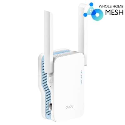 Repetidor Wi-Fi Cudy branco com antenas e LEDs