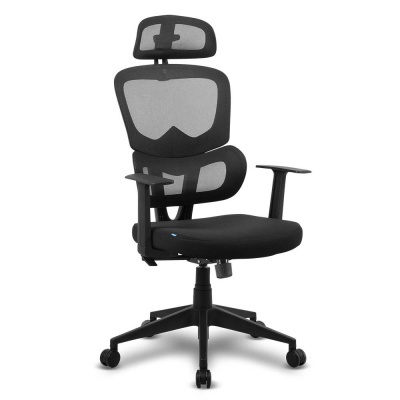 Cadeira de escritório ergonómica preta com encosto de cabeça ajustável e rodas