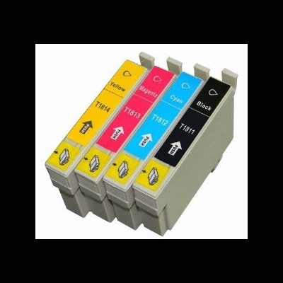 Conjunto de tinteiros de impressora amarelo, magenta, ciano e preto com etiquetas coloridas e códigos.