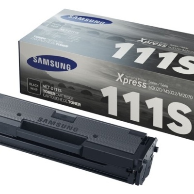 Cartucho de toner preto Samsung MLT-D111S com caixa azul e cinza para impressoras Xpress