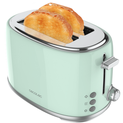 Torradeira verde clara Cecotec com tostas e botões prateados