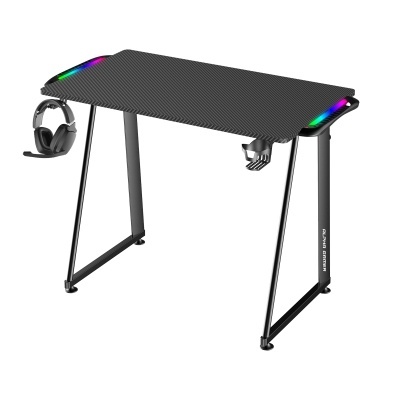 mesa gaming preta com iluminação RGB e suporte para auscultadores