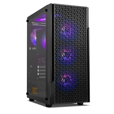 Computador desktop preto com painel lateral em vidro temperado e ventiladores LED azuis e roxos