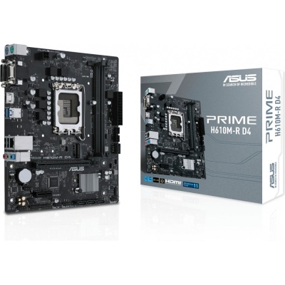 Placa-mãe ASUS PRIME H610M-R D4 preta com componentes e caixa cinza ao lado