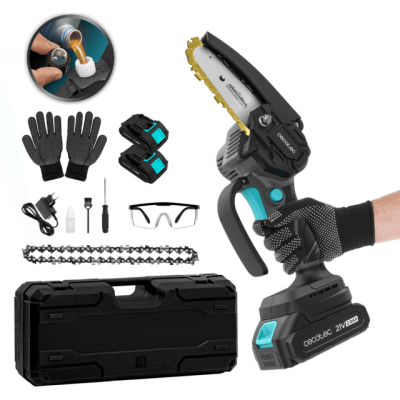 Kit de mini motosserra eletrosserra com acessórios e estojo preto
