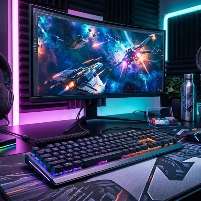 Setup gaming com monitor curvo ultrawide, teclado e rato RGB, auscultadores, microfone e iluminação ambiente colorida