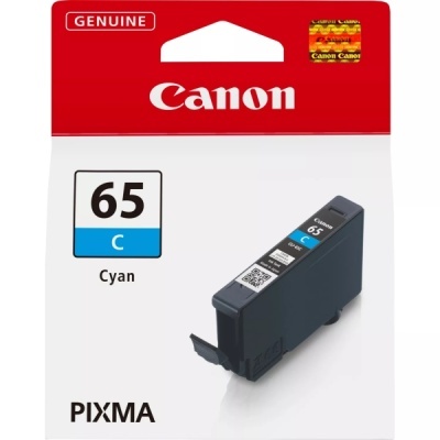Cartucho de tinta Canon 65 ciano PIXMA em embalagem vermelha e branca