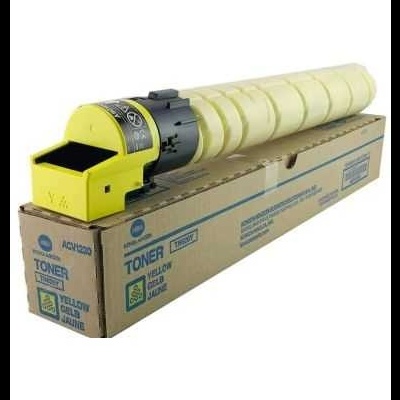 Cartucho de toner amarelo sobre caixa de cartão