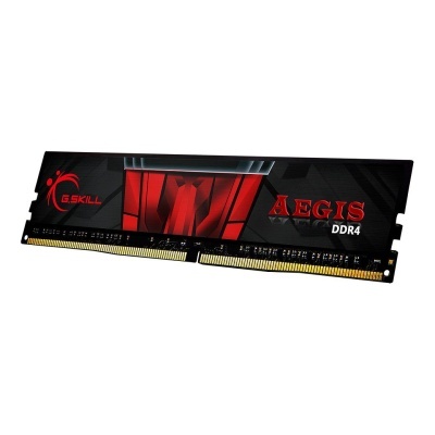 Memória RAM DDR4 G.SKILL AEGIS preta e vermelha com texto e design abstrato.