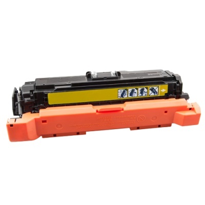 Cartucho de toner preto com capa laranja e etiqueta amarela