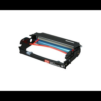 Toner preto para impressora com cilindro azul e etiquetas vermelhas em fundo branco