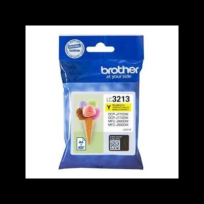 Cartucho de tinta Brother LC3213 amarelo em embalagem azul com imagem de sorvete e texto de compatibilidade.