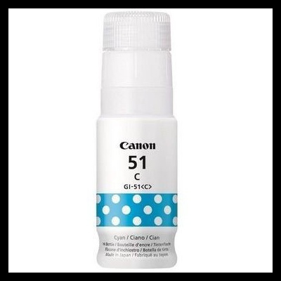 Frasco de tinta Canon 51 C ciano com faixa azul e pontos brancos