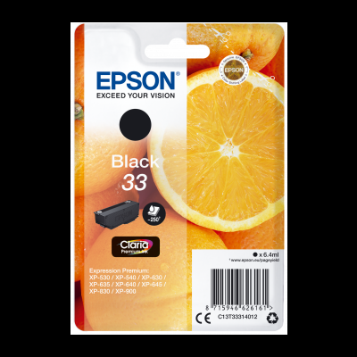 Cartucho de tinta preta Epson 33 com embalagem que mostra uma laranja cortada ao meio