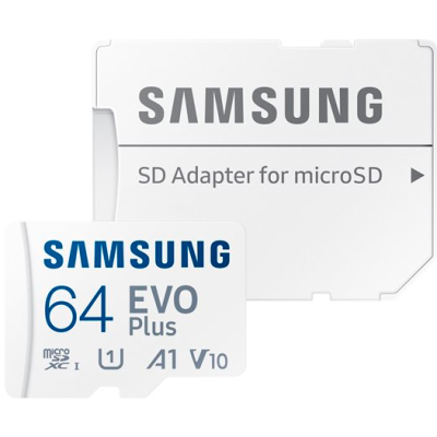 Cartão microSD Samsung branco com adaptador SD branco.
