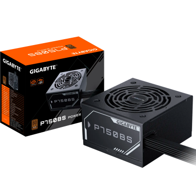 Fonte de alimentação Gigabyte P750BS preta com embalagem preta e laranja.
