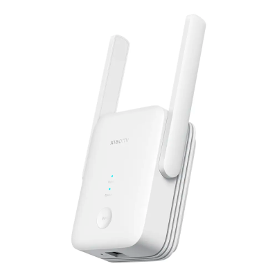 Repetidor Wi-Fi branco Xiaomi com duas antenas e indicador de luz azul