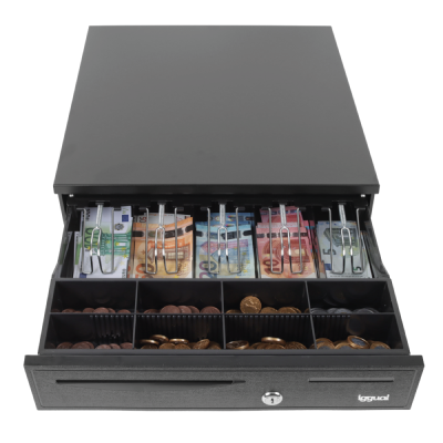 Gaveta de caixa registadora preta com notas e moedas de euro