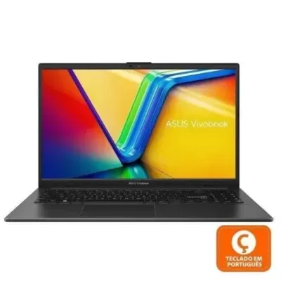 Laptop ASUS Vivobook preto com ecrã colorido e teclado em português