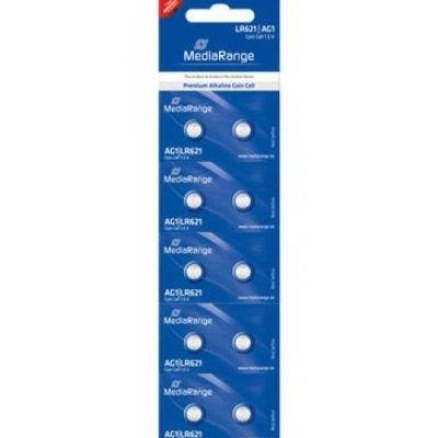 Embalagem azul com 10 pilhas MediaRange AG1 LR621 Premium Alkaline Coin Cell