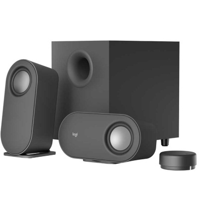 Sistema de áudio preto com colunas e subwoofer
